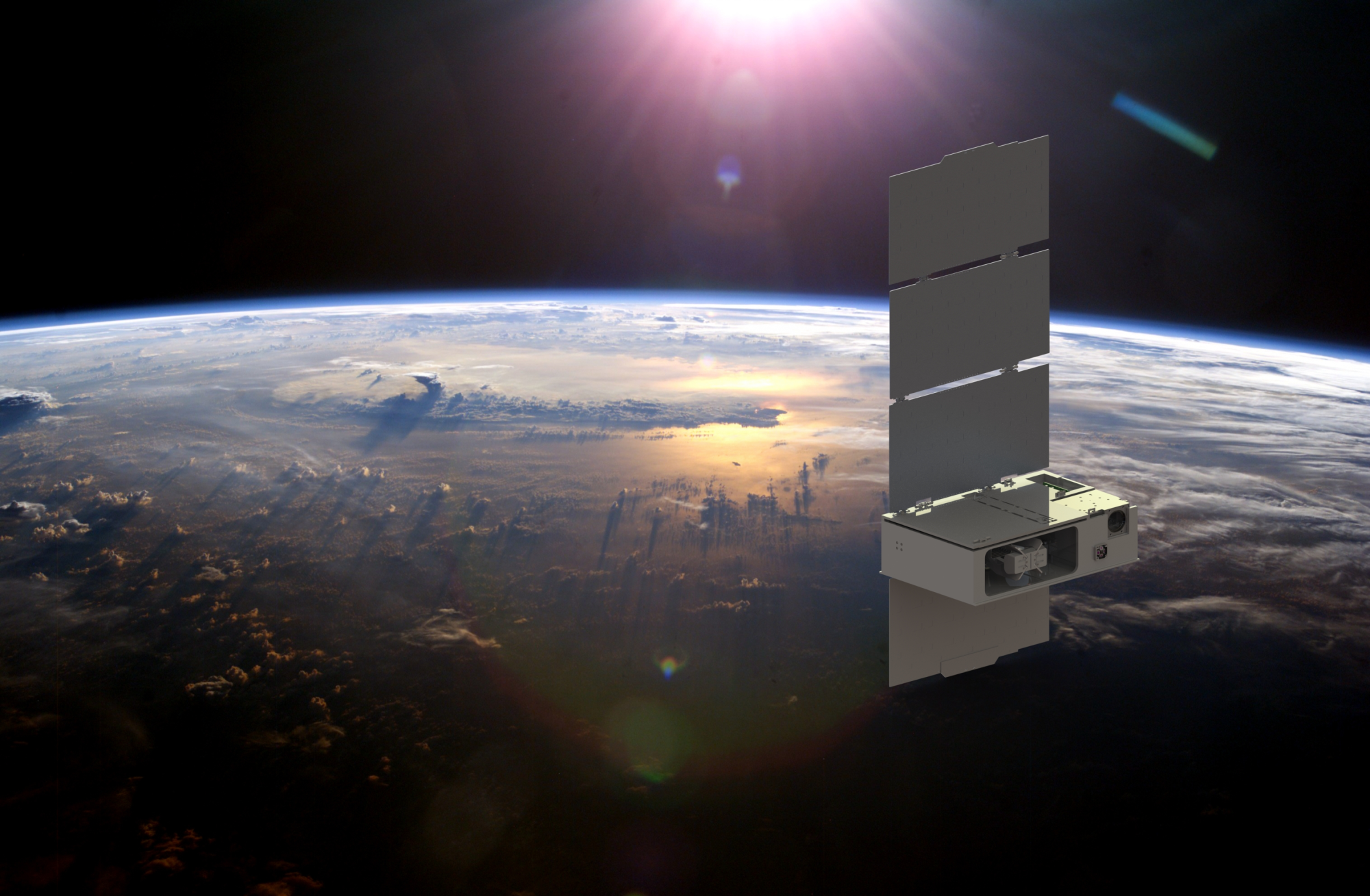 3D visualization of the NASA CUTE smallsat in orbit above the Earth.