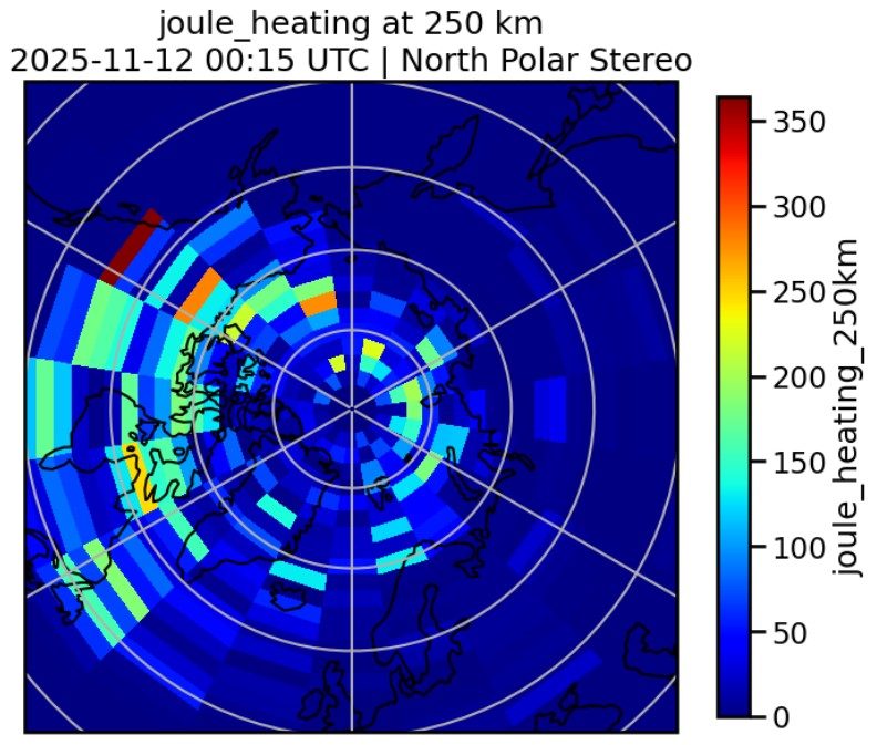 A Northern Stereographic projection of Joule heating at 250km utilizing
            the Coupled Ionosphere Thermosphere Plasmasphere Electrodynamics model (CTIPe) during the November 2025 Geomagnetic Storm.